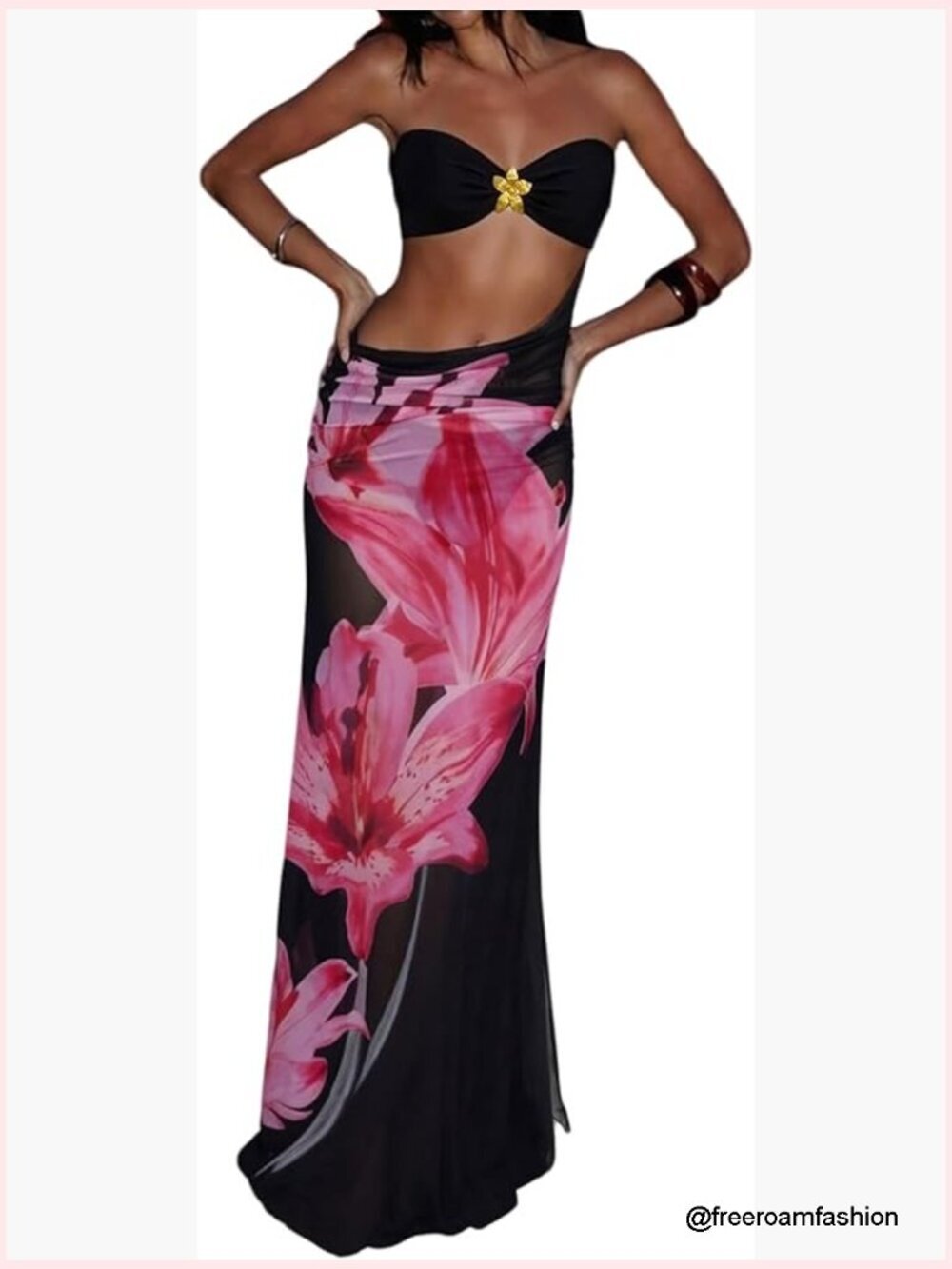 3 Piece Bandeau Bikini Set with Floral Cover Up Skirt